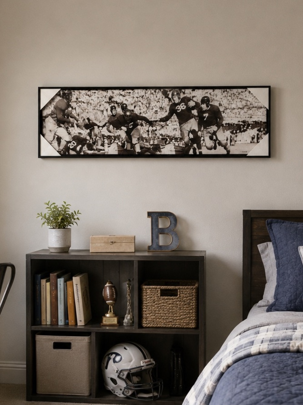 Vintage Football Wall Art Black & White Framed Canvas | 33” x 14” Sports Decor